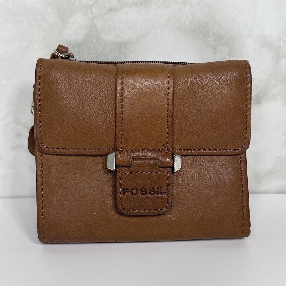 FOSSIL Brown Leather ID Credit Card Trifold Coin Purse‎ Keys Wallet